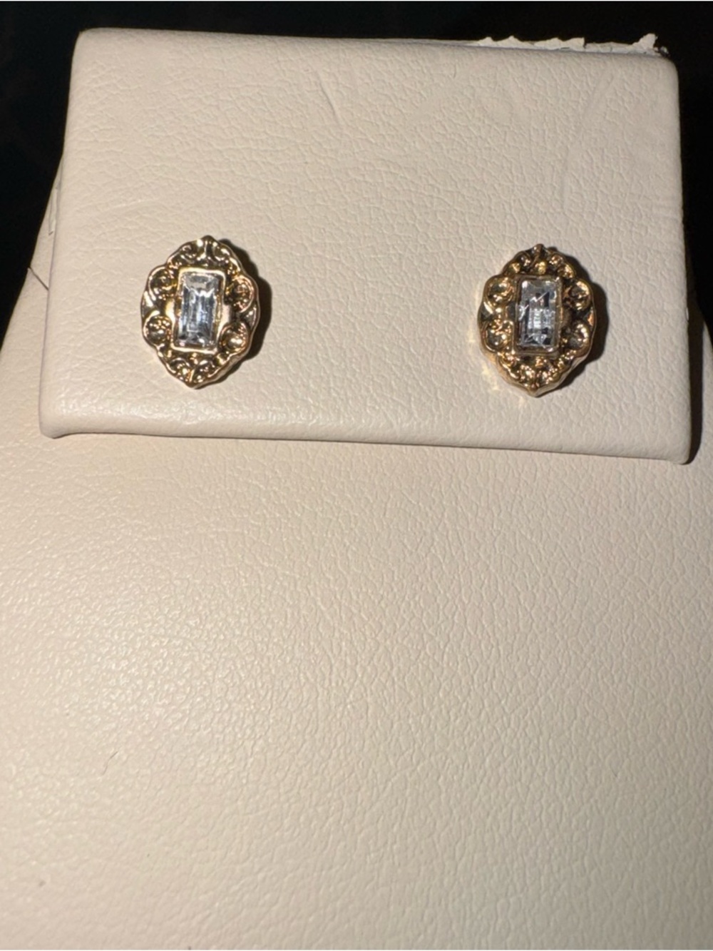 Gold Tone Emerald Cut Stud Earrings Vintage Oval Frame Clear Stone Chic